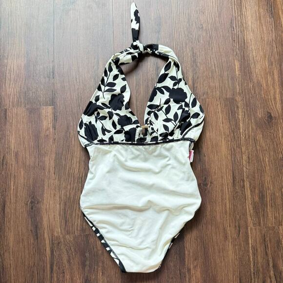 Kate Spade New York 'Geranium Grove' Belted Plunge Halter 1Pc Black White Floral - Picture 8 of 12